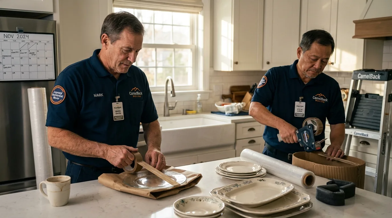 Professional crew packing kitchen dishware in Prudhoe Bay, AK